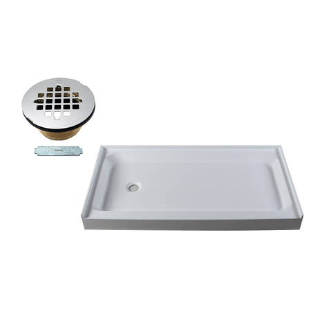 WESTBRASS Shower Pan 60 x 34 3-Wall W/ Left Hand Solid Brass Drain W/ Modern Cross Grid in Polished Chrome HPG6034LWHB-26